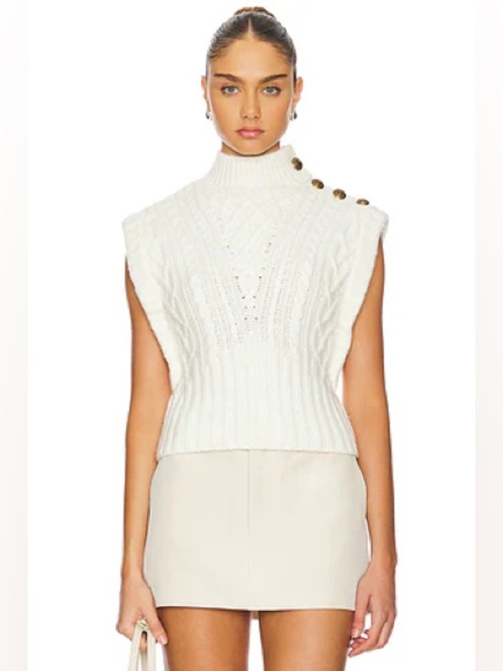 Veronica Beard holton knit vest chunky cable knit mock neck gold crest ivory S